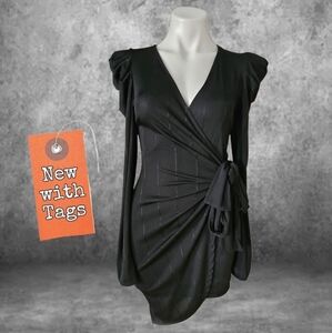 NWT/ Event Chic Black Wrap Dress with Puff Sleeves